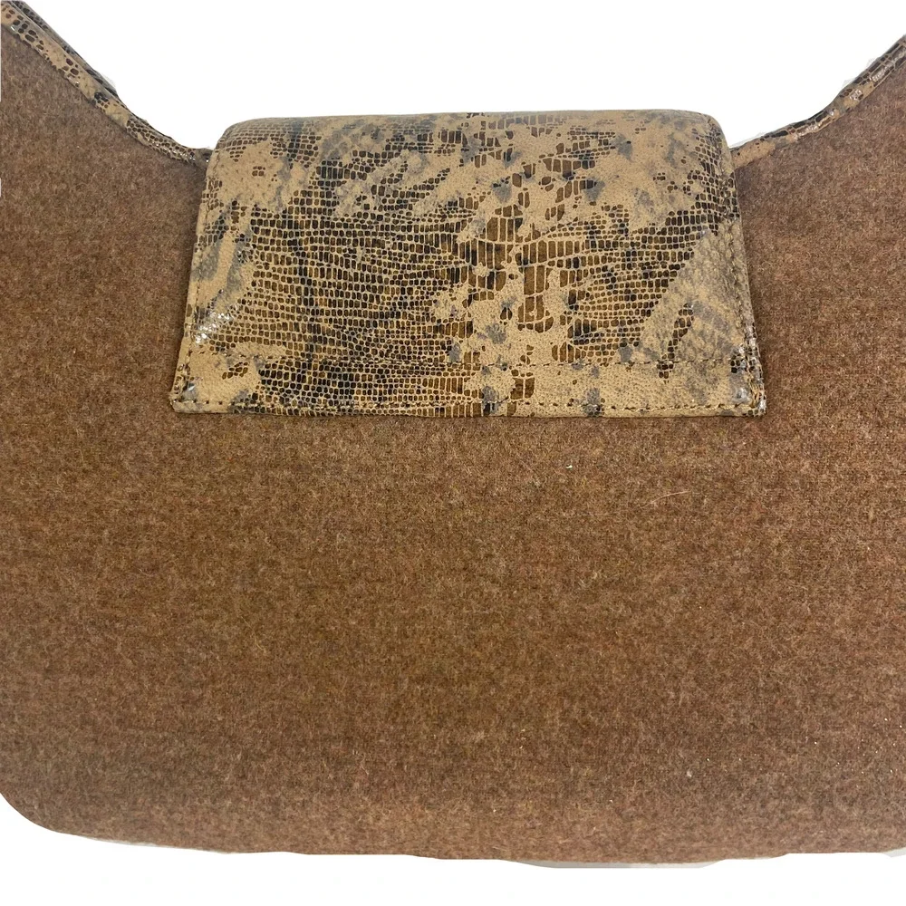 Worth Patent Leather Snakeskin Print Foldover Button Top Handle Fabric Wool Bag - Picture 8 of 12